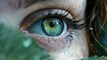 Wall Mural - Close-up of a vibrant green eye surrounded by lush foliage, showcasing intricate details and a natural setting