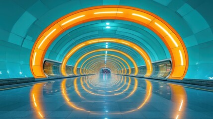 Wall Mural - Futuristic subway tunnel, vibrant lighting, passengers, city transit