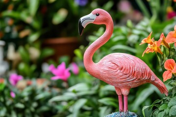 a pink flamingo figurine in a garden setting with bright flowers and greenery.