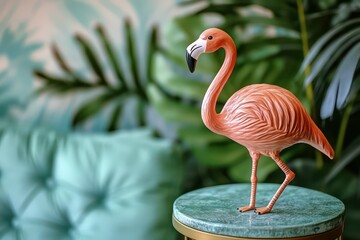 a pink flamingo figurine sitting on a small table in a tropical-themed room.
