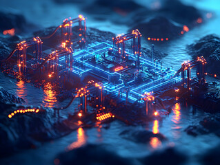 Poster - Futuristic factory island, glowing pipes, dark water