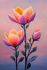 Poster - Sunset Magnolia Blooms, Pastel Sky, Botanical Art