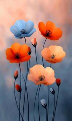 Wall Mural - Sunset poppies blooming, field background, phone wallpaper