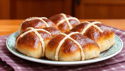 Wall Mural - Sweet glazed hot cross buns on plate, kitchen