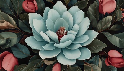 Sticker - Teal Magnolia Bloom, Dark Leaves, Floral Design, Print