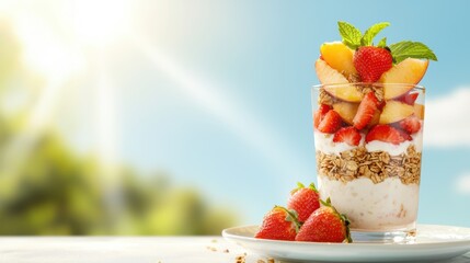 Fresh yogurt parfait layered with granola, juicy peaches, and strawberries, garnished with mint, served in a glass on a sunlit plate