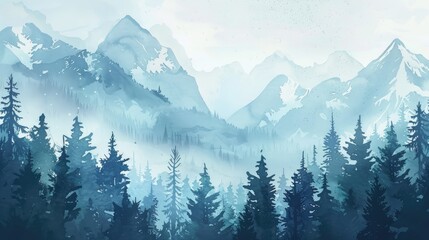 Wall Mural - Serene mountain landscape with misty forests and towering peaks, evoking a tranquil and peaceful atmosphere