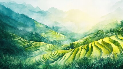 Wall Mural - Tranquil rice terrace glowing in golden sunlight on a mountainside during peaceful evening hours