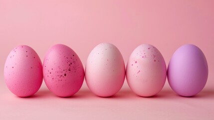 Poster - Colorful pastel Easter eggs arranged in a row on a soft pink background, creating a festive and playful atmosphere