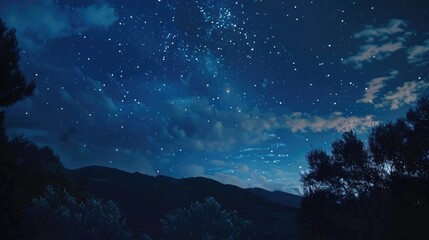 Wall Mural - Starry night sky over a serene landscape with mountains, showcasing twinkling stars and soft clouds in the background