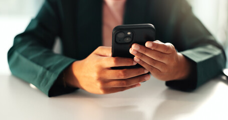 Aufkleber - Internet, online and hands typing with phone for promo shopping, user experience or website scroll. Closeup person, technology or smartphone for reading survey post, webpage or mobile app information