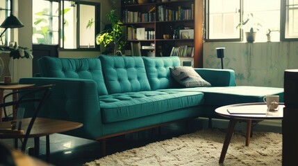 Poster - Cozy living room featuring a teal sofa, wooden furniture, and bookshelves, with natural light streaming in