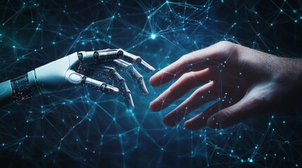 Poster - Robot reaching out to touch a human hand in a symbolic gesture of connection and understanding