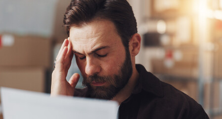Aufkleber - Frustrated man, headache and stress with documents for tax inflation, shipping costs or freight delay at warehouse. Businessman, distributor or employee with migraine or paperwork for supplier issue
