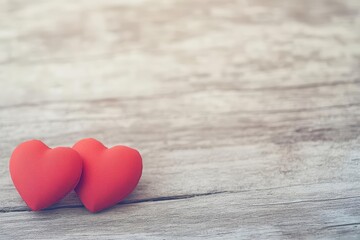 Poster - Two red hearts placed on a rustic wooden table with natural texture and pattern