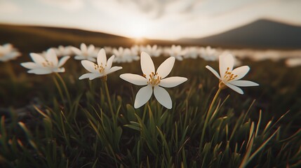 Wall Mural - White flowers sunset meadow landscape background