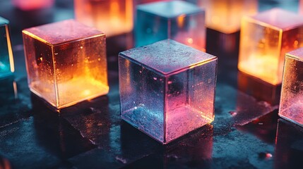 Poster - Colored light illuminates translucent cubes on a reflective surface in an artistic arrangement during nighttime