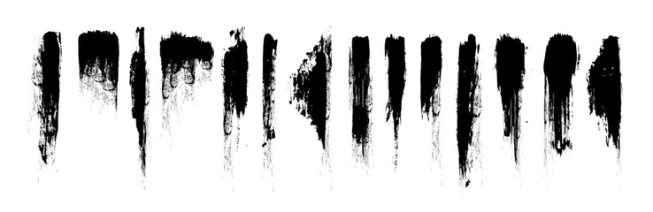 Poster - Paint brush strips with rough edges and fading marks on white background. Black smeared streaks with natural ink texture and vertical movement. Grunge elements for urban design or abstract art.