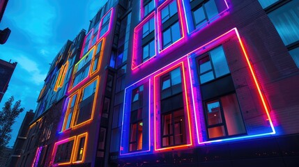 Sticker - Vibrant urban building facade illuminated with colorful neon lights at dusk, showcasing modern architecture and design