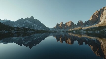 Wall Mural - Serene Mountain Reflection in Tranquil Lake at Dawn with Clear Sky and Snow-Capped Peaks in the Background