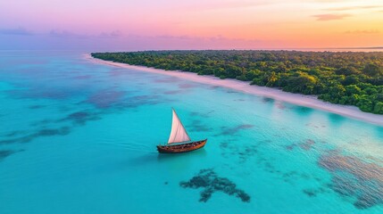 Poster - Boat sailing on the ocean during a vibrant sunset with colorful sky and calm waters