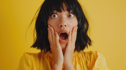 Wall Mural - Surprised woman with shocked expression against a bright yellow background, conveying emotion and spontaneity