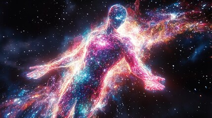 Poster - Cosmic figure emerges in a vibrant galaxy of stars and colors, evoking a sense of wonder and infinity