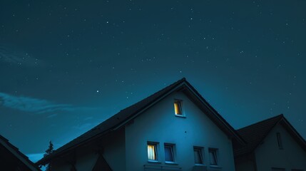 Wall Mural - A tranquil night scene featuring a house illuminated by a warm glow from a window under a starry sky