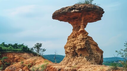 Poster - Unique rock formation resembling a mushroom, surrounded by lush greenery and distant hills under a clear sky