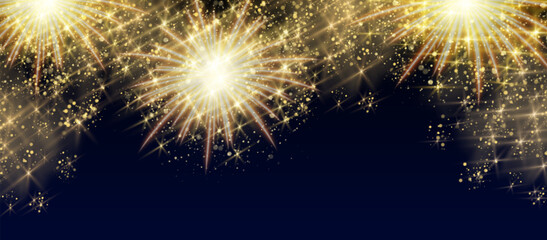 Poster - Festive firework border with glowing golden explosions - shimmering firecracker bursts creating frame on dark background. Sparkling light effect pattern with bright stars, rays for celebration banner.