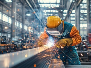 Poster - Worker welding steel in a factory setting with protective gear and equipment in use