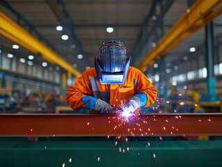 Leinwandbilder - Worker performing welding operation in industrial factory setting with safety gear and equipment