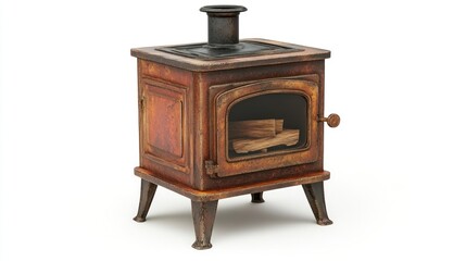 vintage wood-burning stove, isolated on white background, potential for use in an interior design pr
