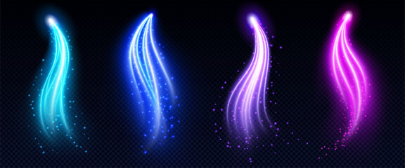Poster - Magic glowing light arrows set with sparkling particles - neon luminous curved lines in blue, purple, pink colors on dark background. Bright mystical beam effects for fantasy game interface design.