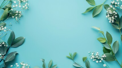 Wall Mural - Fresh floral arrangement with delicate greenery on a vibrant blue background, perfect for invitations or designs