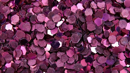 Wall Mural - Close-up view of vibrant purple hexagonal sequins scattered on a surface, creating a shimmering backdrop for crafts