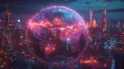 Poster - Cybernetic Earth, A Global Network Overlaying the Urban Skyline at Dusk