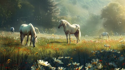 Wall Mural - Majestic white horses grazing peacefully in a vibrant meadow filled with wildflowers under a serene, sunlit sky