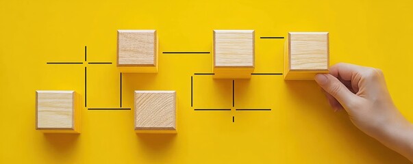 Aufkleber - Workflow Automation Process Using Flowchart and Wooden Blocks on Yellow Background