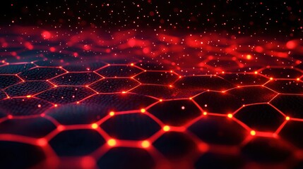 Poster - futuristic hexagonal mesh structure with dynamic flames and glowing patterns in red hues and backlig