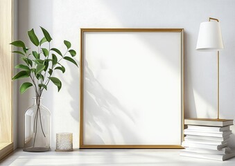 Aufkleber - Minimalist Interior Scene with Gold Frame Mockup Green Plant and Books on White Wall