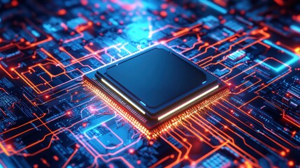 Poster - Futuristic microchip on a complex motherboard, glowing neon circuitry