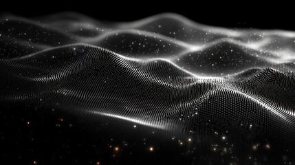 Poster - Abstract Black and White Waves with Ethereal Lighting and Dot Patterns in Digital Modernism Style