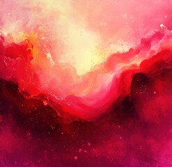 Poster - Vibrant Abstract Painting in Swirling Shades of Red and Pink with Golden Light