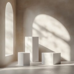 Poster - Minimalist still life composition with geometric white pedestals in natural light for product presentation and branding
