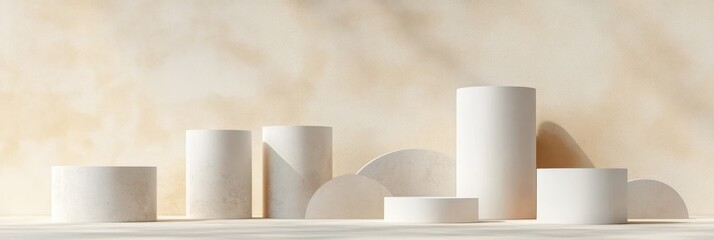Poster - Minimalist Product Display Scene with White Cylindrical Shapes on Soft Beige Background 3D Rendering