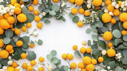 Wall Mural - Bright Yellow Rowan Berries and Green Leaves Floral Composition