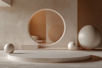 Poster - Minimalistic Abstract Interior Scene Soft Shapes Muted Colors Product Presentation