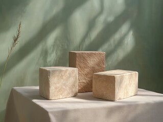 Aufkleber - Minimalist Still Life Composition with Textured Blocks on Beige Surface for Product Display