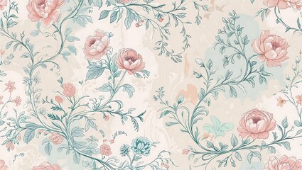 Poster - Hand-Drawn French Toile Floral Pattern with Roses, Peonies, and Daisies in Muted Pastels on Dreamy Vintage Background